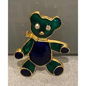 Vintage goldtone green and blue teddy bear Christmas pin brooch